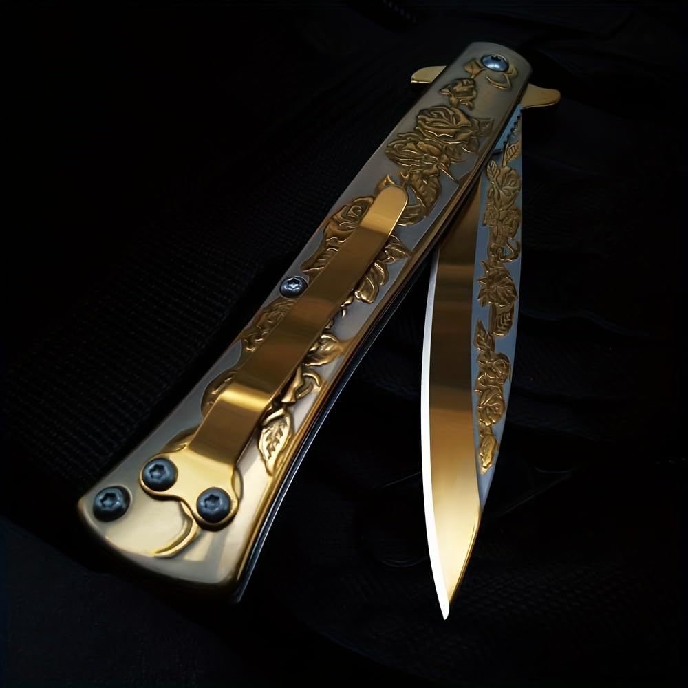 SAIYM Rose Relief Pocket Knife, Elegant EDC Folding Tactical Knife Blade 3.8in for Outdoor Survival Camping Hiking Gift for Adults Men Women, Golden