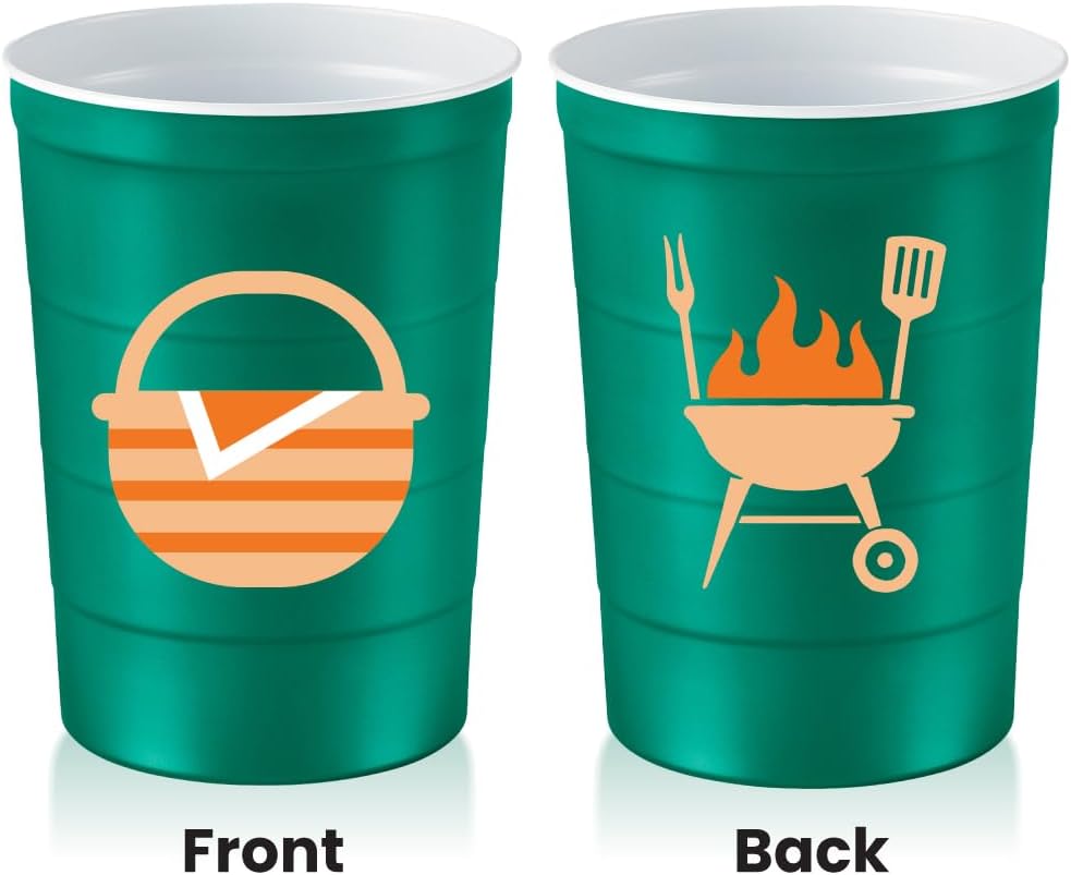 16 oz. Party Cup Summer BBQ Grill Picnic Design for Cold Drinks, Sturdy, Durable, Disposable, Recyclable, Made in USA, Green 12 Count