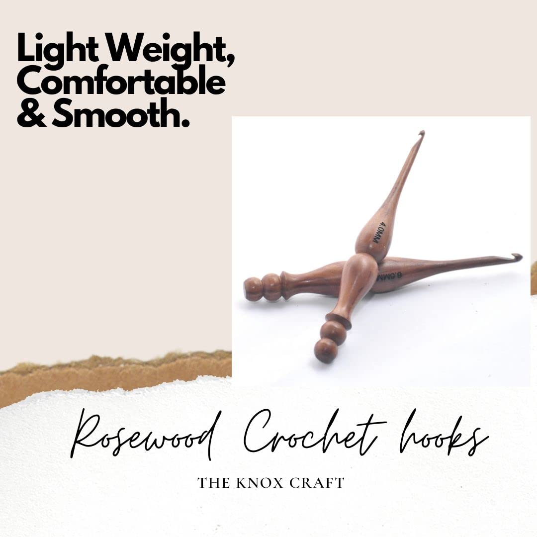 THE KNOX CRAFT Wooden Crochet Hook Set of 7 (4mm–10mm) – Ergonomic Soft Grip Handles, Smooth Wooden Yarn Hooks for Arthritic Hands – Beginner-Friendly Crochet Hooks Gift Set