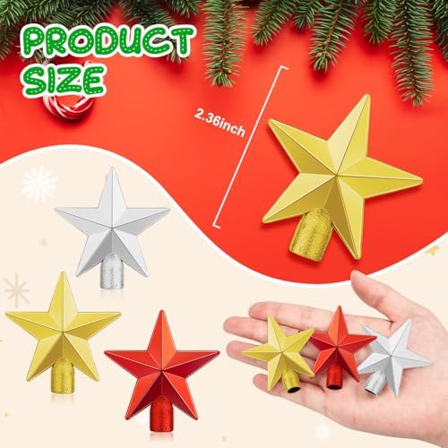 15Pcs Small Christmas Tree Topper, Mini Tree Topper Stars, 2.36 Inch Christmas Red Gold Silver Star Trees Top for Xmas Holiday Trees Ornament Home Decor