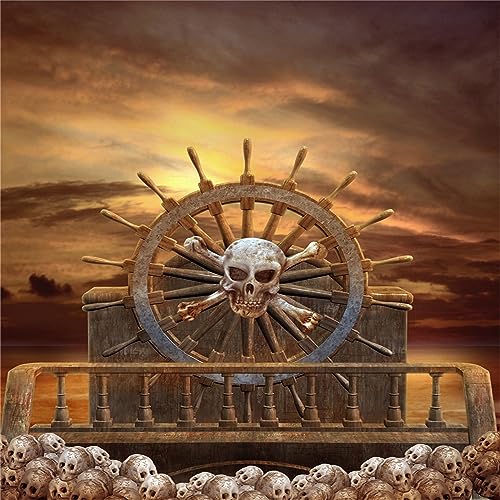 BELECO 10x10ft Fabric Pirate Backdrop Halloween Pirate Decorations Pirate Steering Wheel Scary Skulls Gloomy Sky Photography Background Kids Adult Pirate Theme Party Event Decorations Photoshoot Props - size: 10x10FT