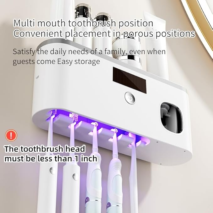 Toothbrush Holders for Bathrooms, Toothbrush Holder Wall Mounted with Toothpaste Dispenser Bathroom Solar Charging and No Drilling Required Tooth Brush Holder with 5 Brush Slots（Gray）