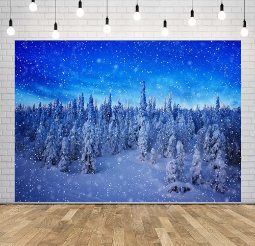 BELECO 7x5ft Fabric Winter Snow Forest Backdrop Snowy Pine Forest Snowflakes Blue Winter Wonderland Background Christmas Party Decorations Banner Photo Video Props - size: 7x5FT