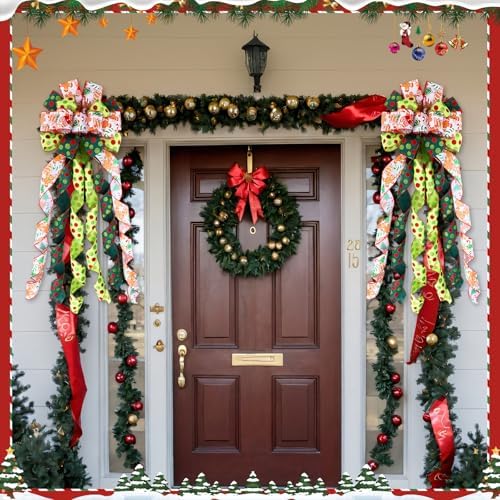 Suncalla 2 Pcs 44 x 13 Inch Large Christmas Tree Toppers Green Christmas Tree Ornaments Gingerbread Man Ribbon Bows Lime Green Glitter Polka Dot Wreath for Xmas Holiday Indoor Front Door Staircase