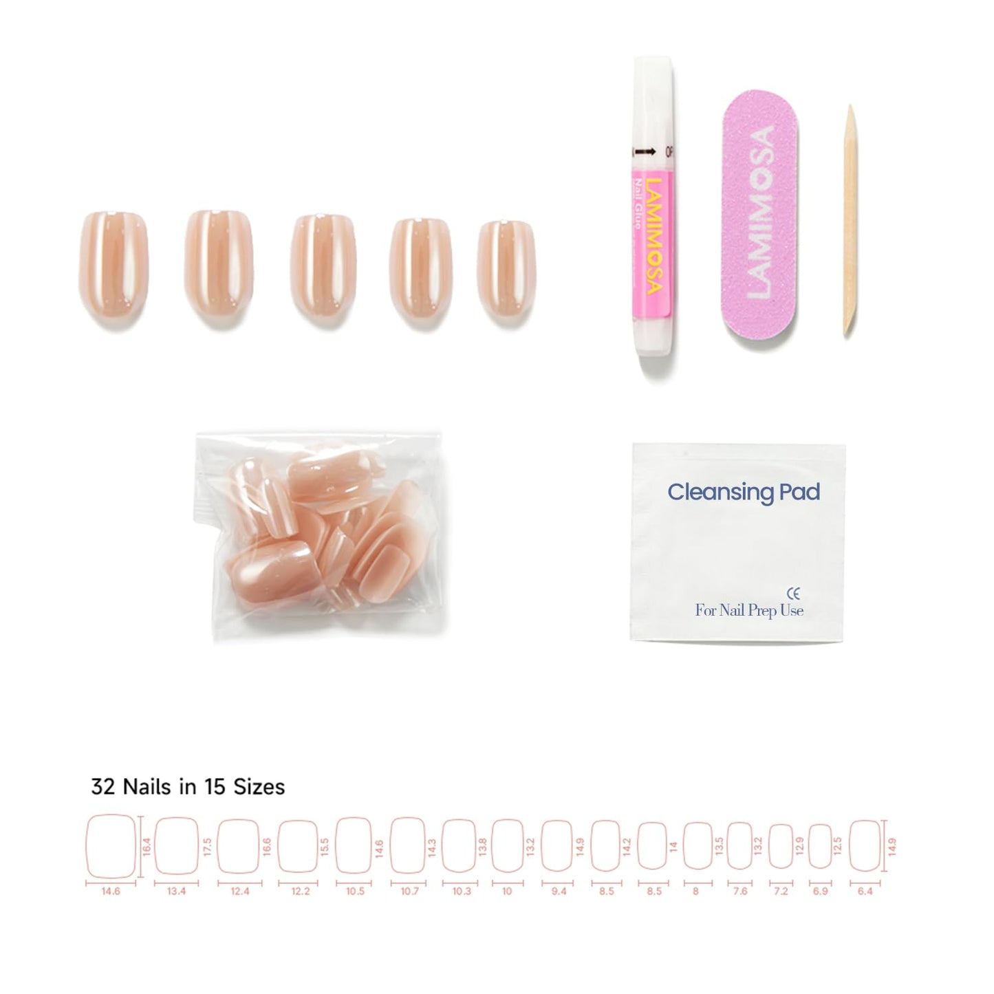 LAMIMOSA 32Pcs Chrome Nude Press On Nails Short Square - Soft Gel Fake Nails in 16 Sizes, Reusable Glue on Nails kit in Glazed Finish, CHAMPAGNE