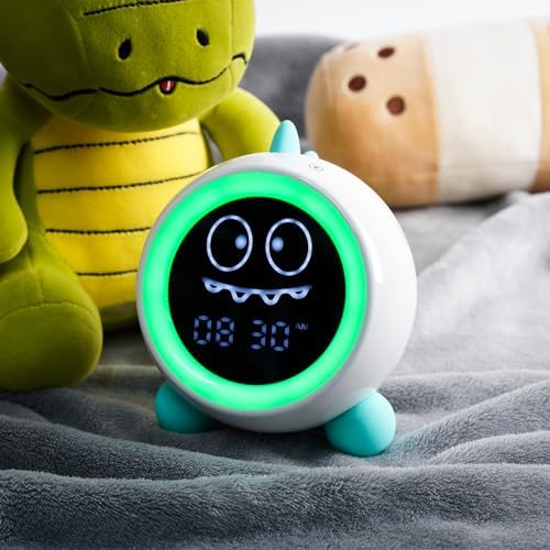 Kids Alarm Clock, Toddler Sleep Training Clock with Night Lights, Sound Machine, Time to Wake Dinosaur Alarm Clock for Children, Gift Ideas for Kids Toddler Boy Girl (Green)