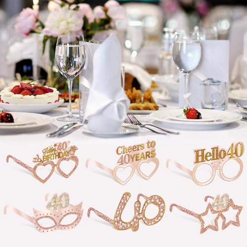 Guiruiy 24PCS 40th Birthday Eyeglasses Decorations for Women, Pink Rose Gold Happy 40th Birthday Paper Eyeglasses Party Supplies, Forty Year Old Bday Glasses Decor - style: Rose Gold 40th