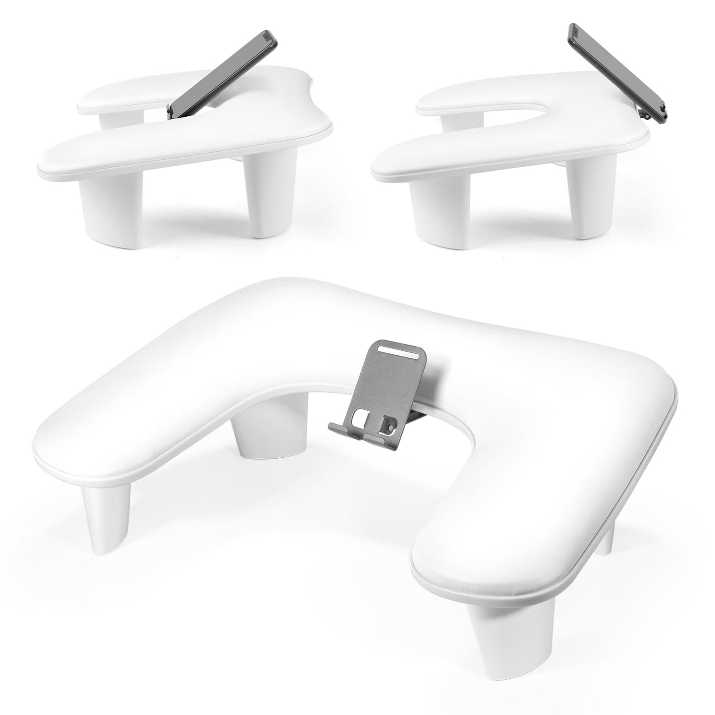 LIONVISON Arm Rest for Nails Tech: U Shaped Ergonomic Nail Hand Rest Stand PU Leather with Rotating Phone Holder for Nail Salon Manicurist (White)