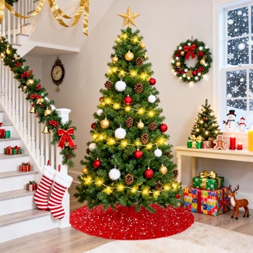FUHSY Red Tree Skirts Christmas Sequined Tree Decorations 36 Inches Diameter Velvet Fabric Glitter Embroidered and Sequined Tree Cover Skirts Soft Shimmer Tree Mat for All Occasions