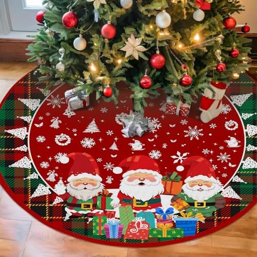 Christmas Tree Skirt 36in, Santa Claus Large Red Plaid Christmas Decor for Tree, Xmas Tree Mat for Christmas New Year Holiday Party Decor