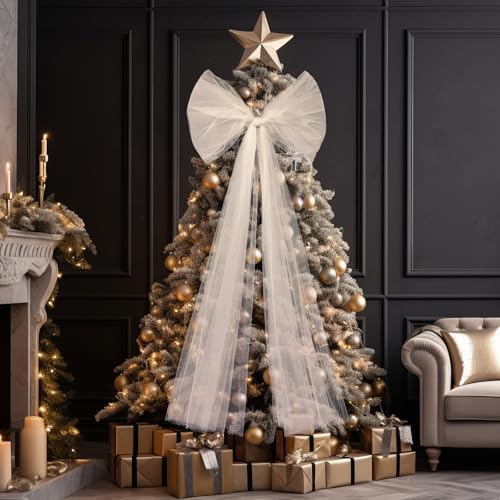 Soulchen 49 Inch Christmas Tree Topper Bow Large Tulle Ribbon,White