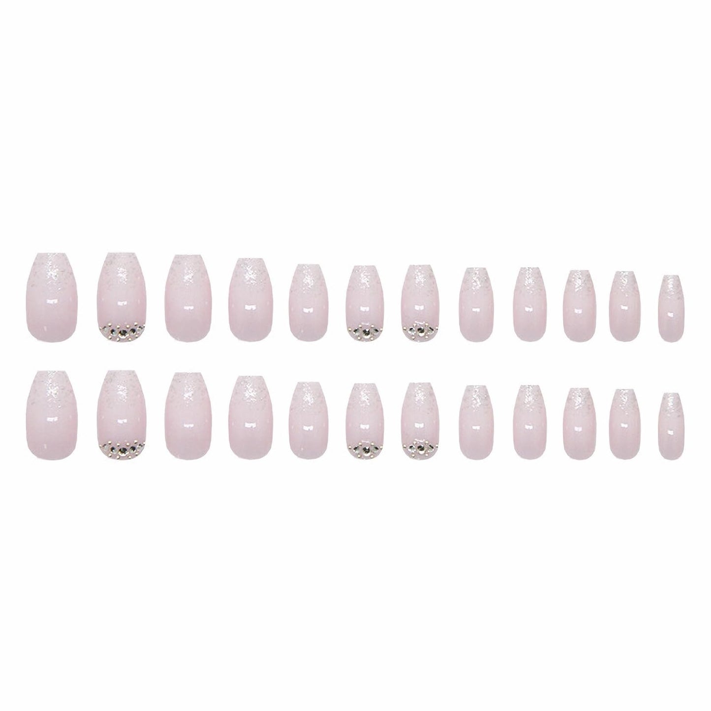 MISUD Press on Nails - Medium Coffin Fake Nails with Nude White Ombre, Acrylic Bling Glitter Rhinestone Design 24 pcs