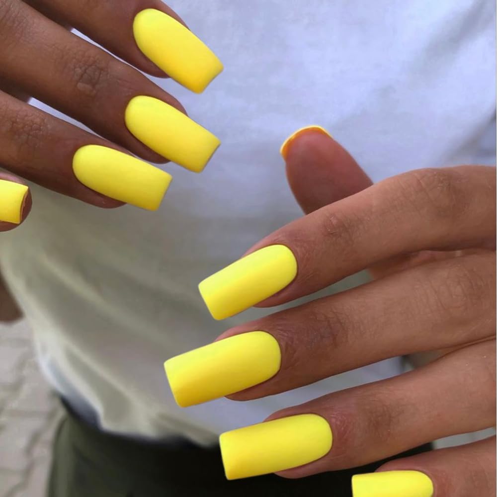 Matte Yellow Press On Nails Medium Long Square, Coffin Acrylic Press Ons, Glue On Medium Length, Solid Color Fake Cherry Yellow Thick Stick On Nails for Women