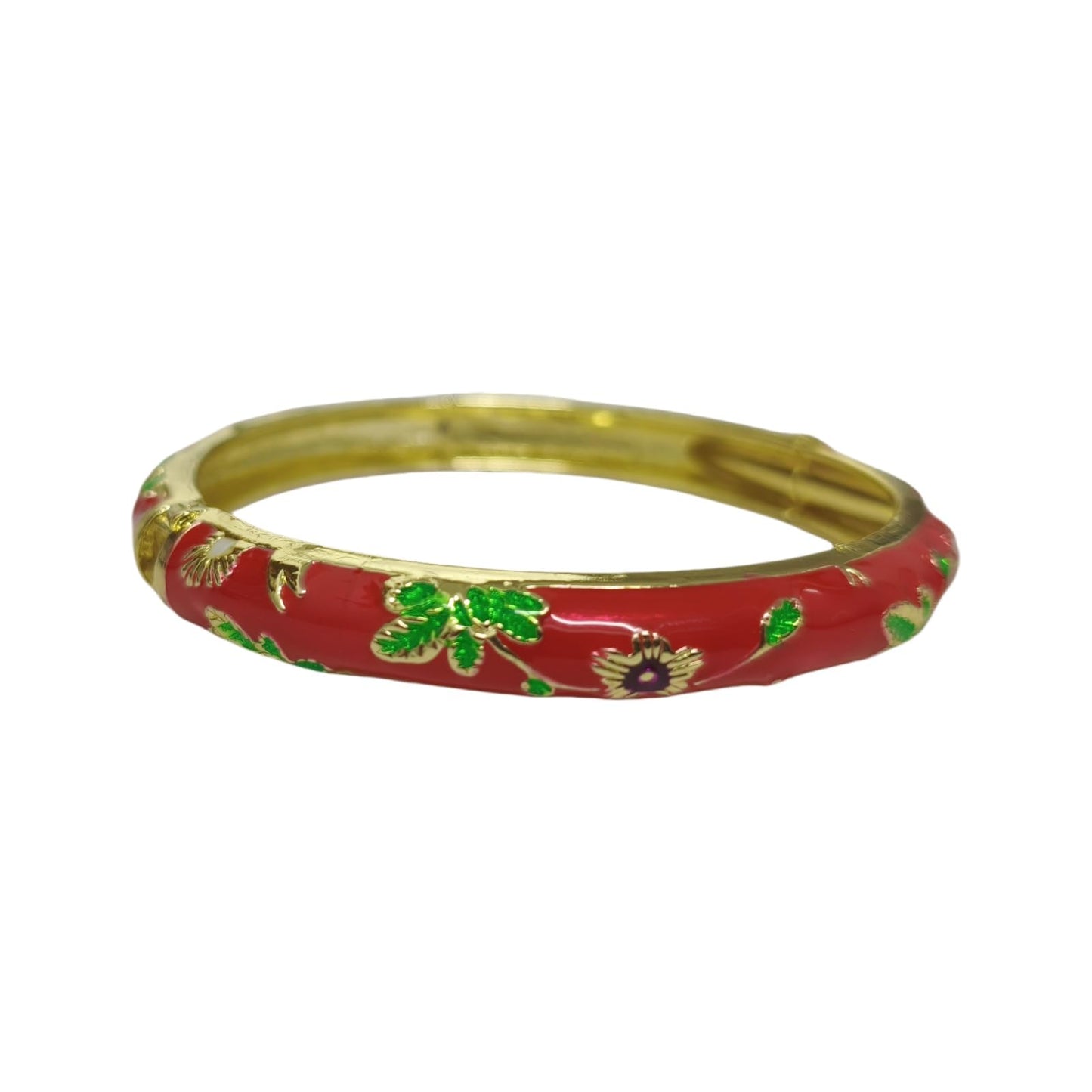 BlingNook Cloisonne Bracelet For Women, Chunky Bangle Trendy Cute Flower Enamel Bangles Multi Tone Engraved Cuff Gold Plated Bracelets Stackable Wife Jewelry Friendship Gift (Red, One Size)