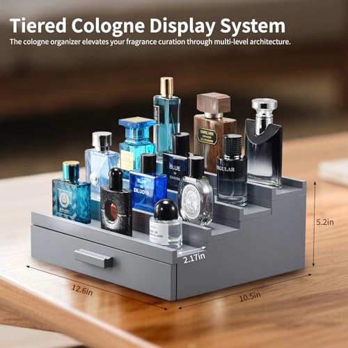 Perfume Organizer for Men, 4 Tier Wood Perfume Display Stand with Velvet Lining Drawer and Hidden Compartment for Watch,Jewelry,Perfume Display Risers,A Gift for Men (Gray) - style: 4 Tier - Grey