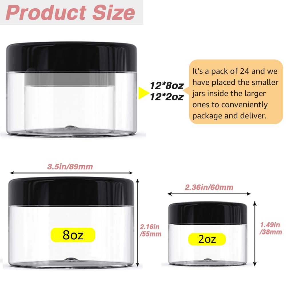 8 oz Plastic Containers with Lids + 2oz Small Containers with Lid (Set of 24) Plastic Jars with Lids Cosmetic Jar - for Lip Scrub, Body Butters, Cream, Slime, Craft Storage