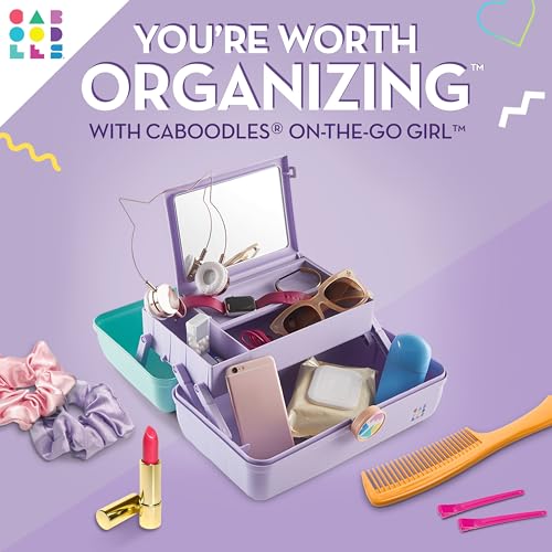 Caboodles On-The-Go Girl Makeup Box, Seafoam on Lavender, Hard Plastic Makeup Organizer Box, Built-In Mirror, Secure Latch for Safe Travel, Spacious Storage for Large Items