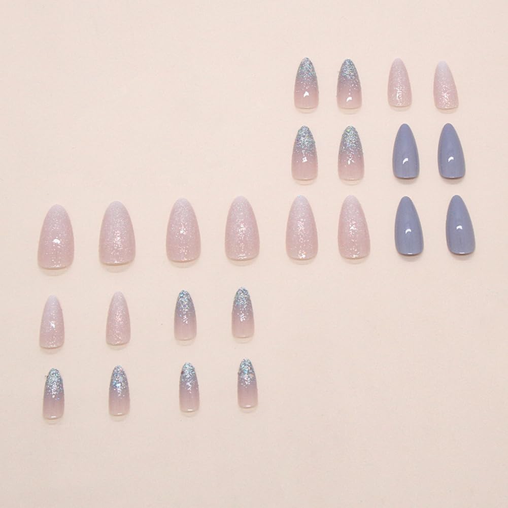 Hrnsnails Nails Press on, Almond Press On Nails Fake Nails Medium Length with Glitter Sequins Elegant Temperament Design, Acrylic Artificial False Nails Press Ons Stick On Nails for Women