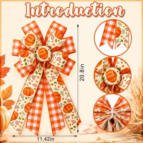 Fall Pumpkin Bow 2 Pack, 20.8 x 11.42 Inch Thanksgiving Wreath Bows with Orange Buffalo Plaid Ribbon, Large Harvest Farmhouse Door Bows for Front Door, Wall, Window, Garland, Autumn Home Decor