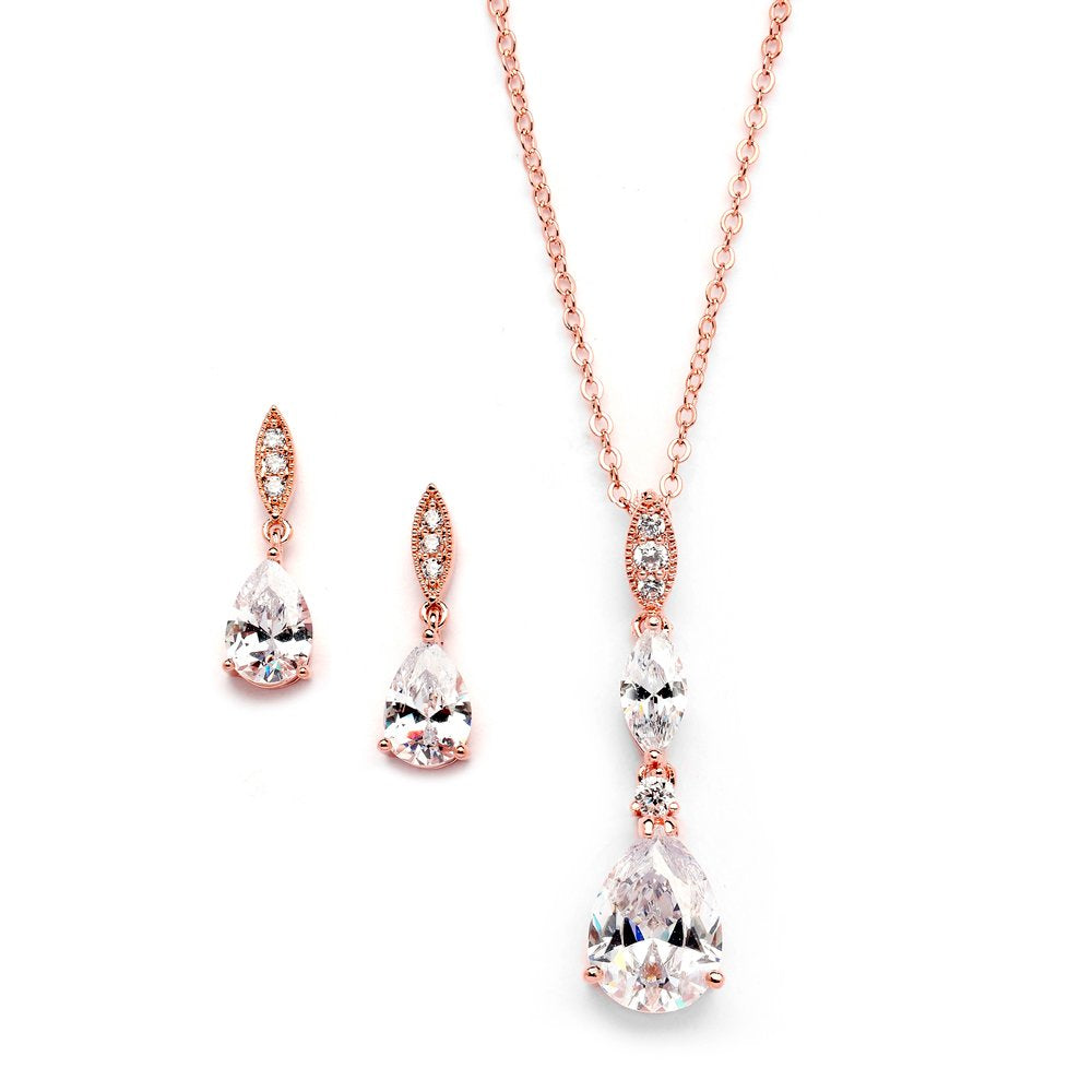 Mariell Bridal Wedding Necklace Earrings Set, 14K Rose Gold Plated CZ Pendant and Drop Earring for Bride, Bridesmaid