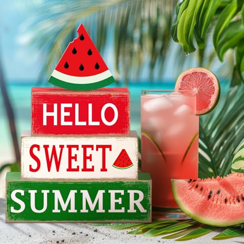 GlikCeil 4 Pcs Summer Watermelon Wood Block Table Sign Watermelon Table Decorations Centerpieces Farmhouse Rustic Tiered Summer Tray Decor for Home Office Desk Kitchen Shelf Decor - style: Watermelon