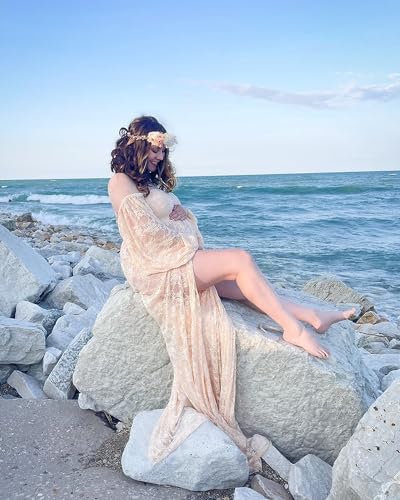 Saslax Soft Stretchy Lace Off Shoulder Doubly Split A-line Skirt Maternity Dress Pregnancy Maxi Gown for Photoshoot - color: Champagne, size: Large