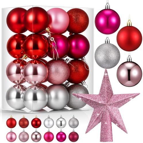 RoundFunny 25 Pcs Mini Valentine's Balls Ornaments Set Valentine's Day Ball Topper Star Tree Hanging Ornaments for Party Decoration(Fresh Colors)