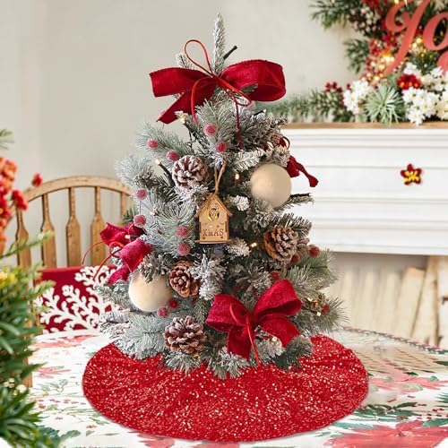 Red Glitter Tree Skirt 24 Inches Sequin Embroidery Velvet Christmas Tree Skirt for Table Top Porch Mini Tree Decoration