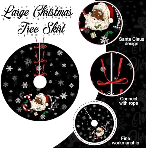 Tiamon Christmas Tree Skirt 48 Inch Black Santa Tree Skirt African American Xmas Tree Mat Decor Snowflake Joy Santa Claus Tree Decor for Winter Holiday Christmas Tree Decoration Supplies (Black)