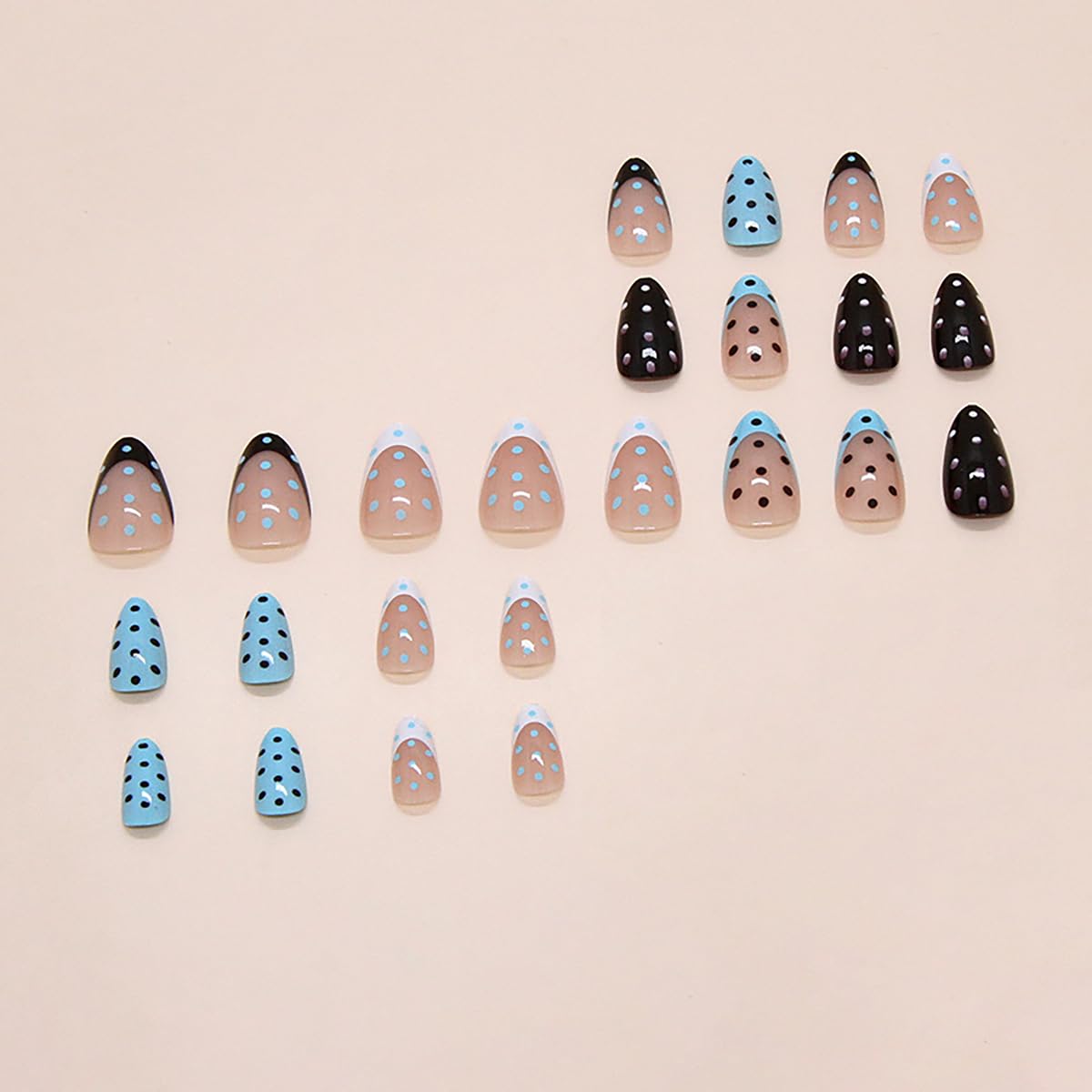 Short Polka Dot Press on Nails Almond Chrome Nails press ons French Tip Fake Nails with Designs Black Blue False Nails Glossy Full Cover Nail Tips Acrylic Artificial Stick on Nails for Women 24PCS