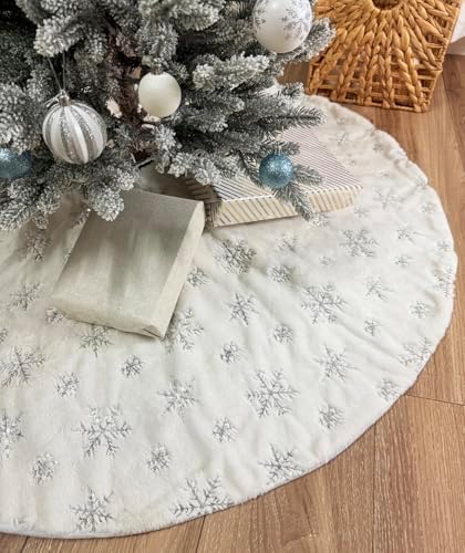 AOGU 60 Inch Sequin Faux Fur Christmas Tree Skirt Decoration for Merry Christmas Party White Plush Silver Sequin Snowflake Xmas Christmas Tree Skirt Decorations