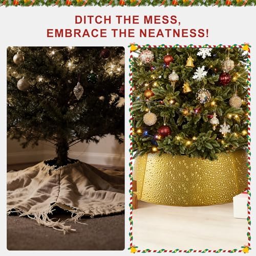 Sweetcrispy 26inch Metal Christmas Tree Collar, 4-Panel Base Cover for 7.5ft Artificial Trees, Rustproof & Easy Assembly, Sturdy & Durable for Holiday Decor, Gold