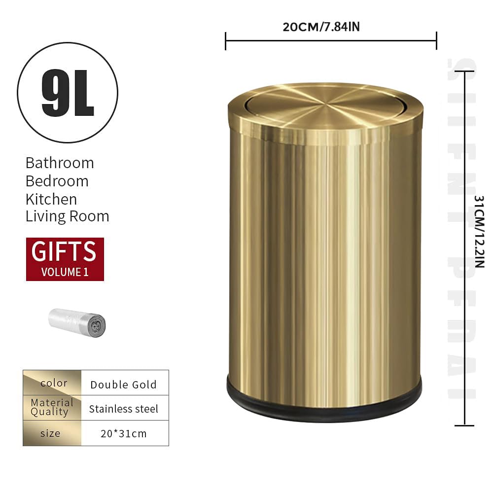 LEASYLIFE 9L/2.4Gal Gold Trash Can,Brass Bathroom Garbae Can with Flipping Lid,Small Brass Garbage Can for Office, Laundry Room,Bedroom,Hotel