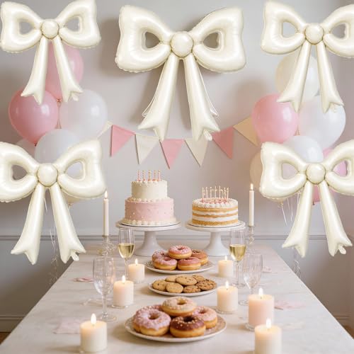 6 Pcs Cream Bow Balloons, 30 Inch Beige Bow Foil Balloon, Cream White Cutout Balloons, for Girls Women Wedding Engagement Bridal Valentine’s Day Proposal Baby Shower Birthday Party Decorations - style: Hollow Bow Cream