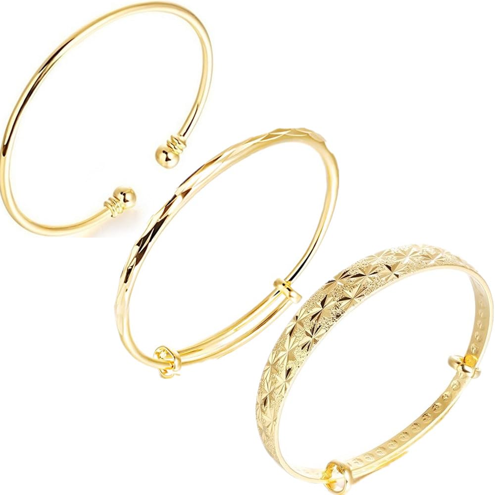 Eyixvan 3 Pack Gold Plated Adjustable Bangle Bracelets for Women, Stackable Classical Cuff Bangle Set for Women, Jewelry Gift for Her Valentines Day, Mothers Day, Birthday, Anniversary, Christmas