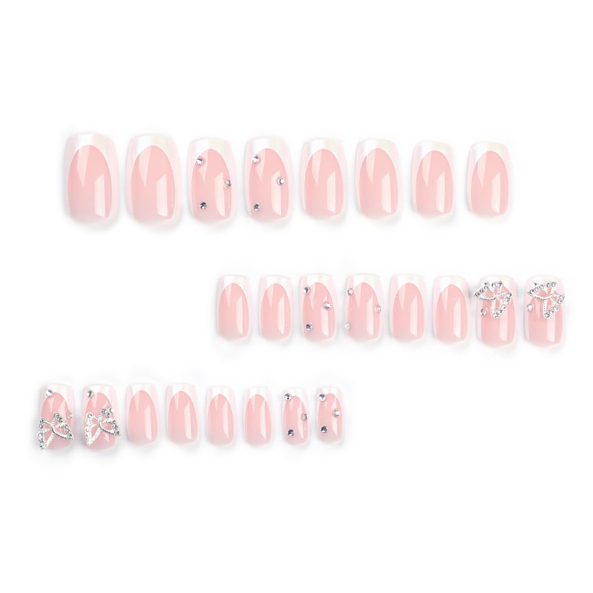 White French Tip Press on Nails Medium Square Fake Nails Press ons with Butterfly Charms Design Reusable Artificial Nails Glossy Full Cover Glue on Nails Stick on Nails for Women Manicure 24Pcs