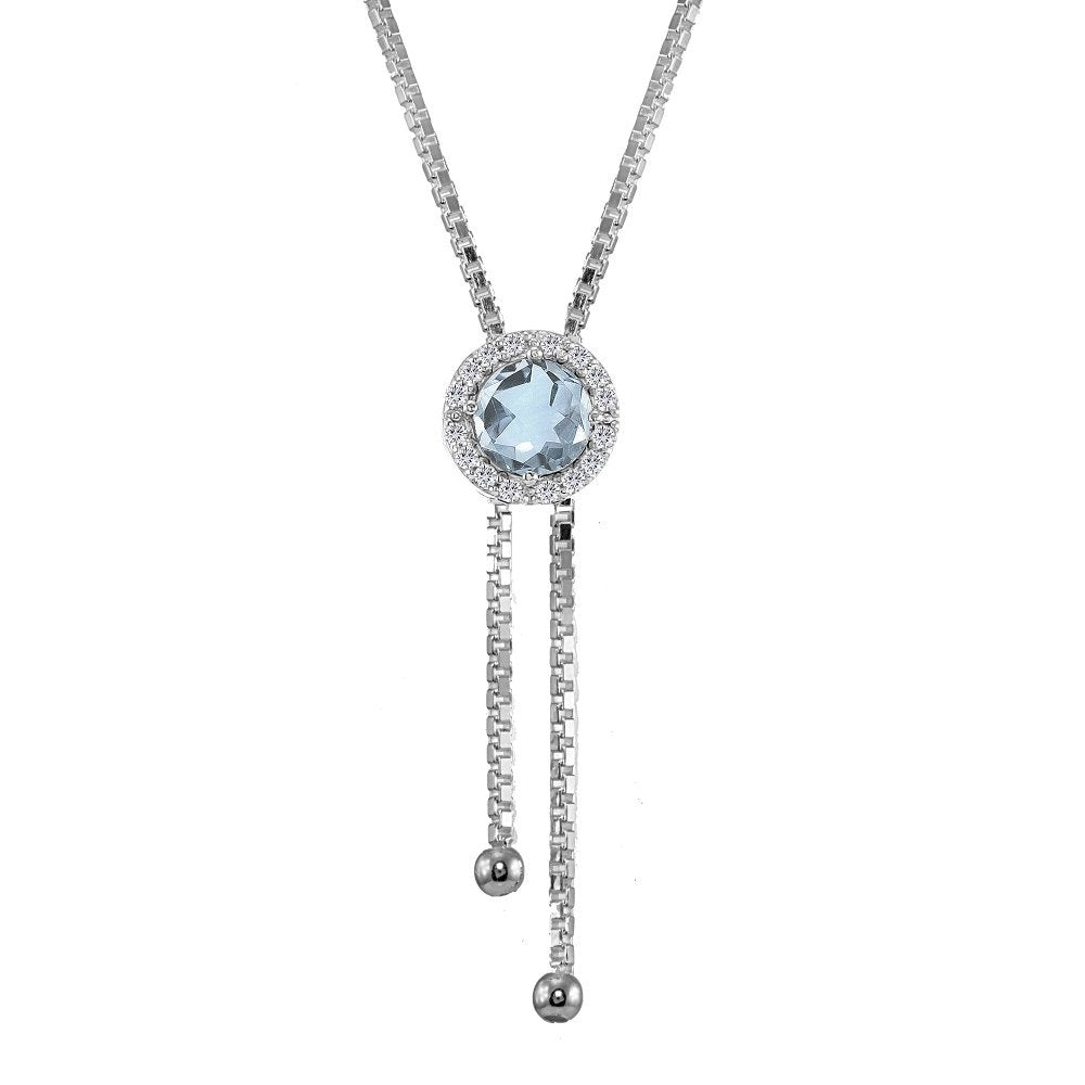 GemStar USA Sterling Silver Blue and White Topaz Round Halo Drop Adjustable Lariat Necklace