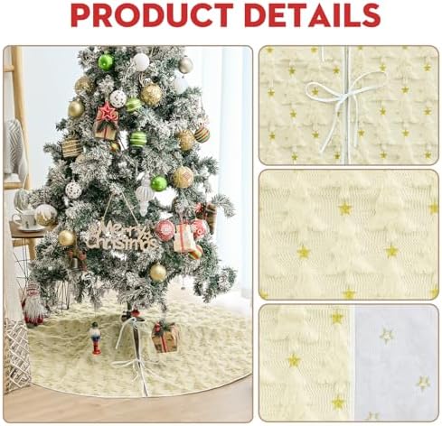 AVOIN colorlife Soft Plush Faux Fur Christmas Tree Skirt 36 Inch, Jacquard Beige Xmas Star Pine Trees Winter Holiday Mat Decoration