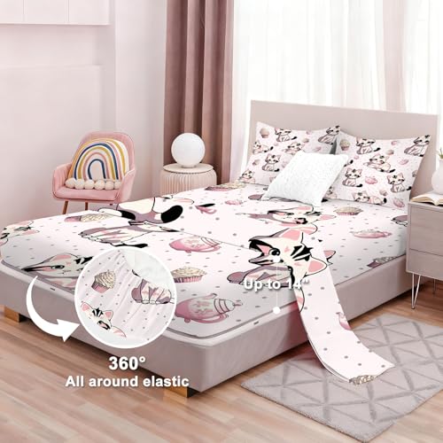 Girls Pink Fitted Sheet Set Twin Size Cute Cat Sheet Set Kawaii Kids Sheet Soft Microfiber 3-Piece Sheet Set Twin Bedspread 1 Fitted Sheet+1 Flat Sheet+1 Pillowcase Cartoon Bedding Set - color: Pink-cat, size: Twin