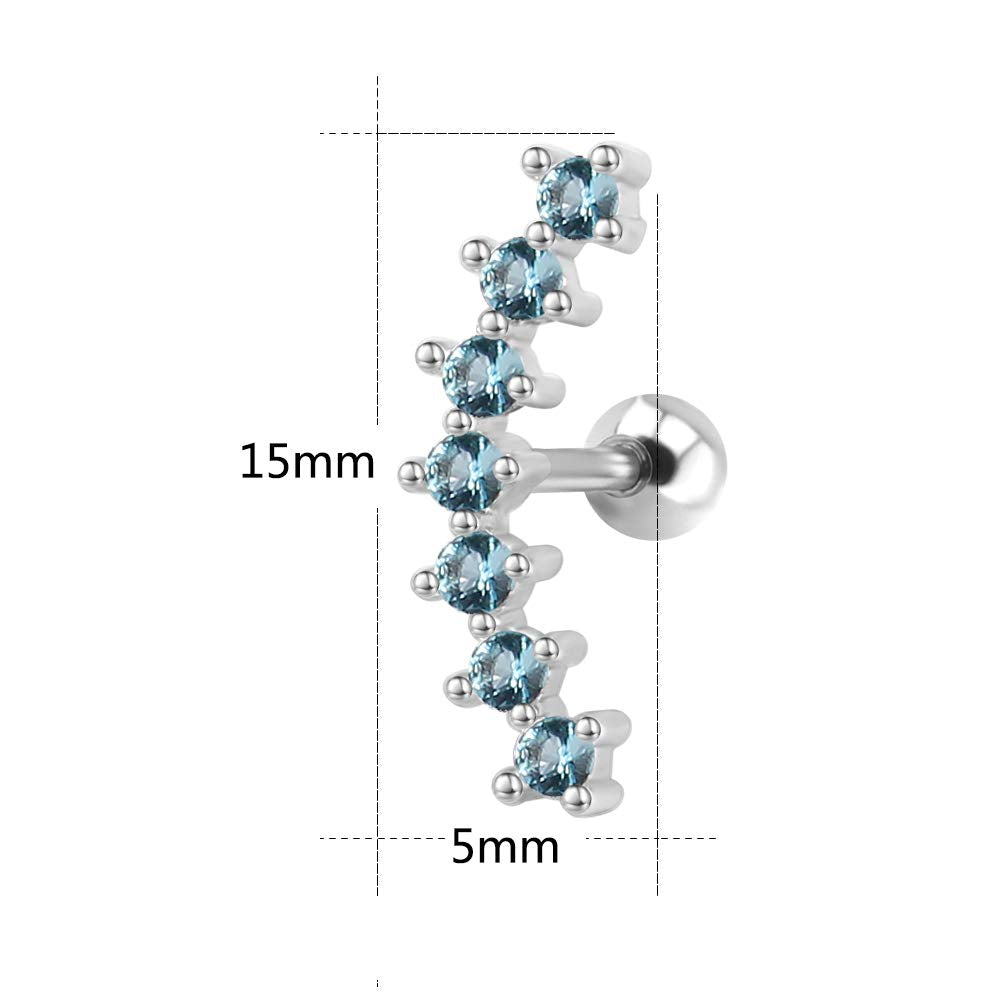 ZS Curve Seven Stud CZ Stud Earrings 316L Stainless Steel Ear Helix Conch Cartilage Piercing (Light Blue)