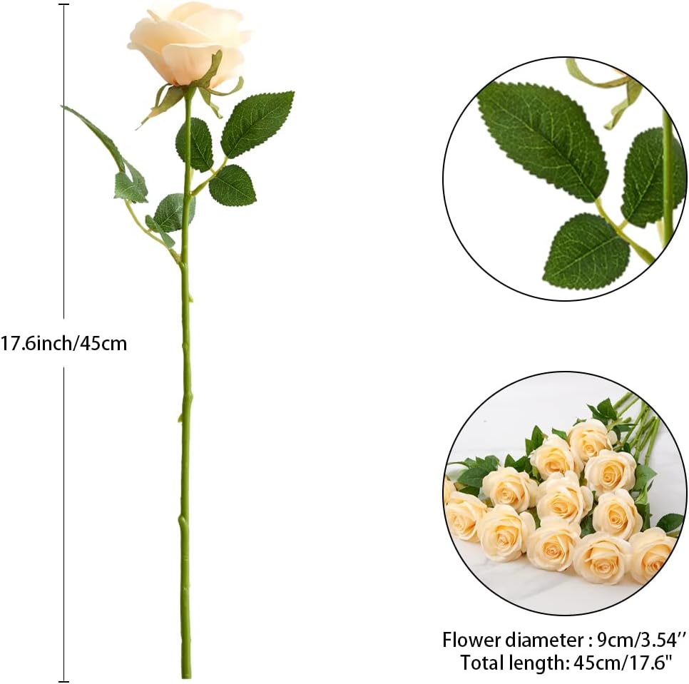 12pcs Champagne Roses Artificial Silk Flowers Faux Flowers with Long Stems for Wedding Decor Home Decor Baby Shower Party Centerpieces Decorations