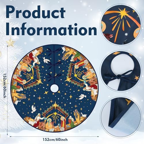 Christian Christmas Tree Skirt Religious Jesus Nativity Scene Xmas Tree Mat Navy Blue Christmas Holiday Jesus Indoor Outdoor Party Decor (60 Inch)
