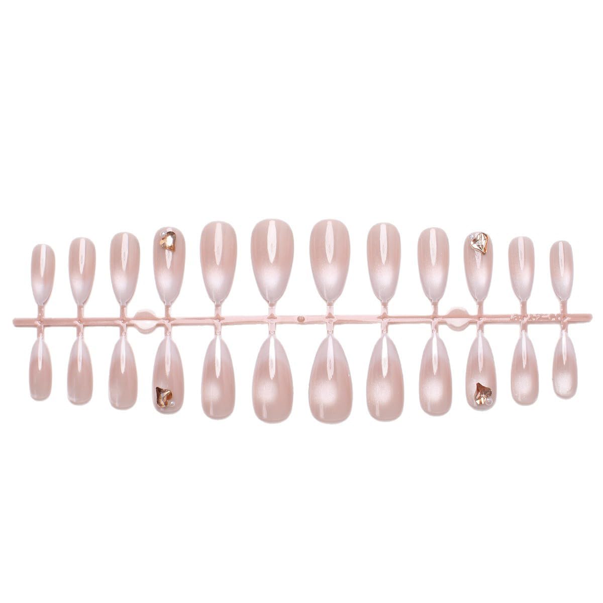 Nude Cat Eye Press on Nails - Medium Almond Fake Nails Glitter Glue on Nails with 3D Rhinestones Heart&Pearl Designs False Nails Reusable Full Cover Stick on Nails for Women Manicure 24Pcs