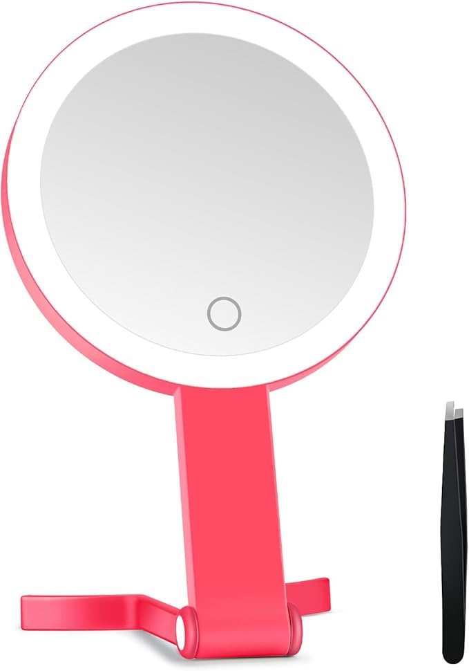 Lighted Makeup Mirror, 30X Magnifying Mirror with Light, Hanging and Handheld Mirror with Handle, Red