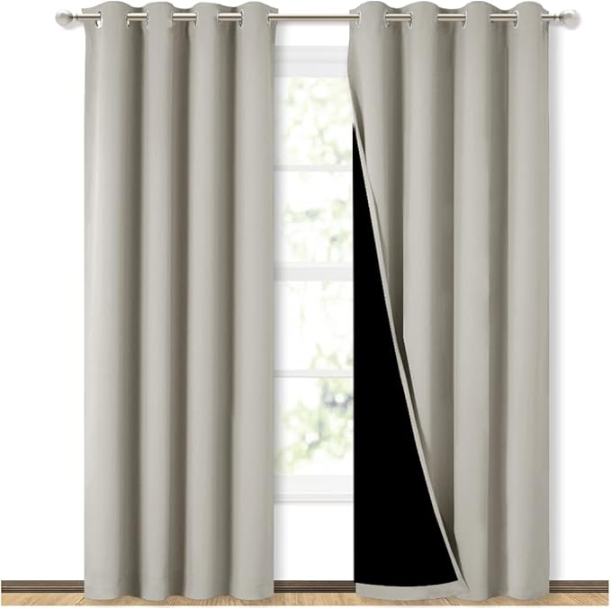 NICETOWN 100% Blackout Window 84in Curtain Panels, Cold and Light Blocking Drapes with Black Liner (Natural, 2 Pieces, 52 “ Wide per Panel)