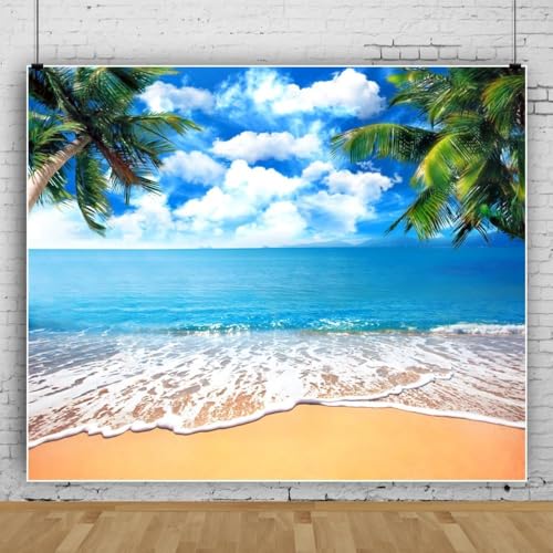 Summer Tropical Beach Backdrop Blue Sea Sky White Clouds Palm Trees Backdrop Theme Portrait Photography Background Holiday Photo Video Studio Props Banner 10x10ft - color: Blue, size: 10x10ft