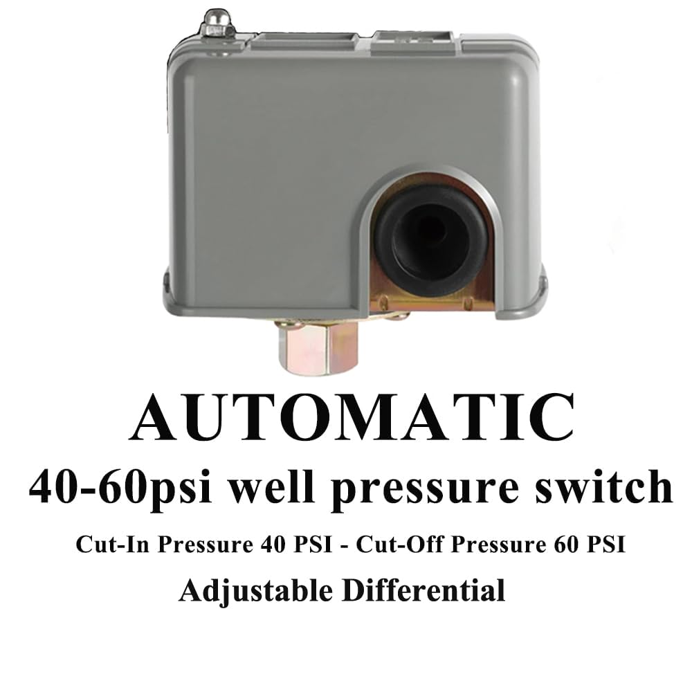 YSD Pressure Switch for Well Pump, 40-60PSI, Adjustable Differential, 1/4" NPT, Automatic, Grey