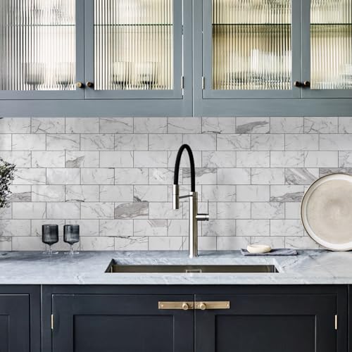 Vamos Tile 100-Piece Glossy Statury White Peel and Stick Backsplash Tile,3''x6'' PVC Subway Tile with Dark Gray Grout, Stick on Backsplash for Kitchen/Bathroom/Fireplace - color: Statury White with Dark Gray Grout