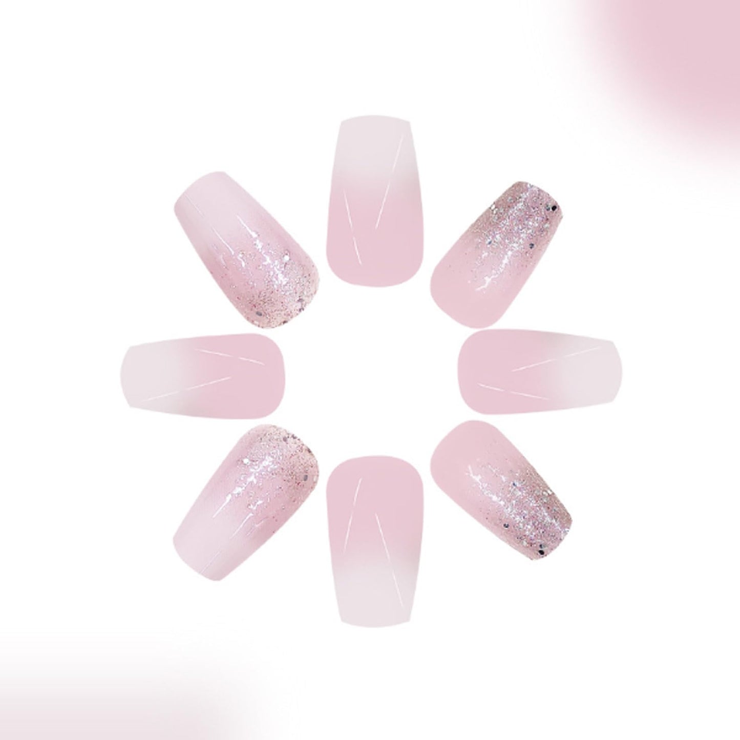 Hkanlre Pink Medium Fake Coffin Nails Tips Press on Sequins Nails Full Cover Gradient False Shiny Nails for Women 24PCS