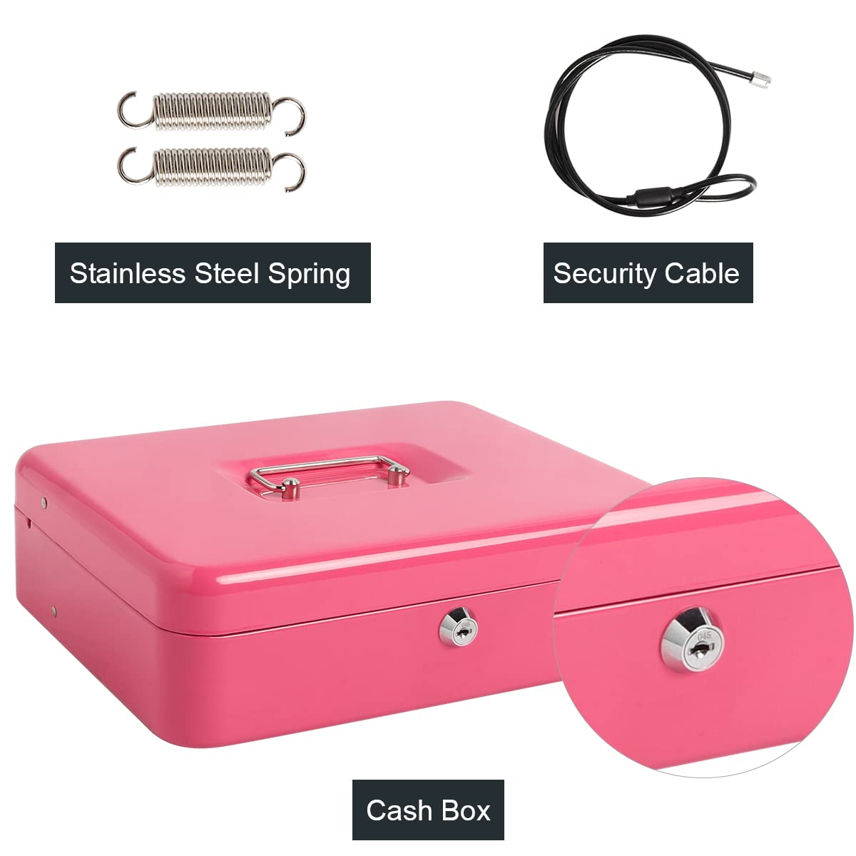 Parrency Cash Box with Key Lock, Lock Box Safe Storage Security Locker with Security Cable, Durable Metal Cash Box with Money Tray, 11.8" x 9.5" x 3.5", K-Soft Pink